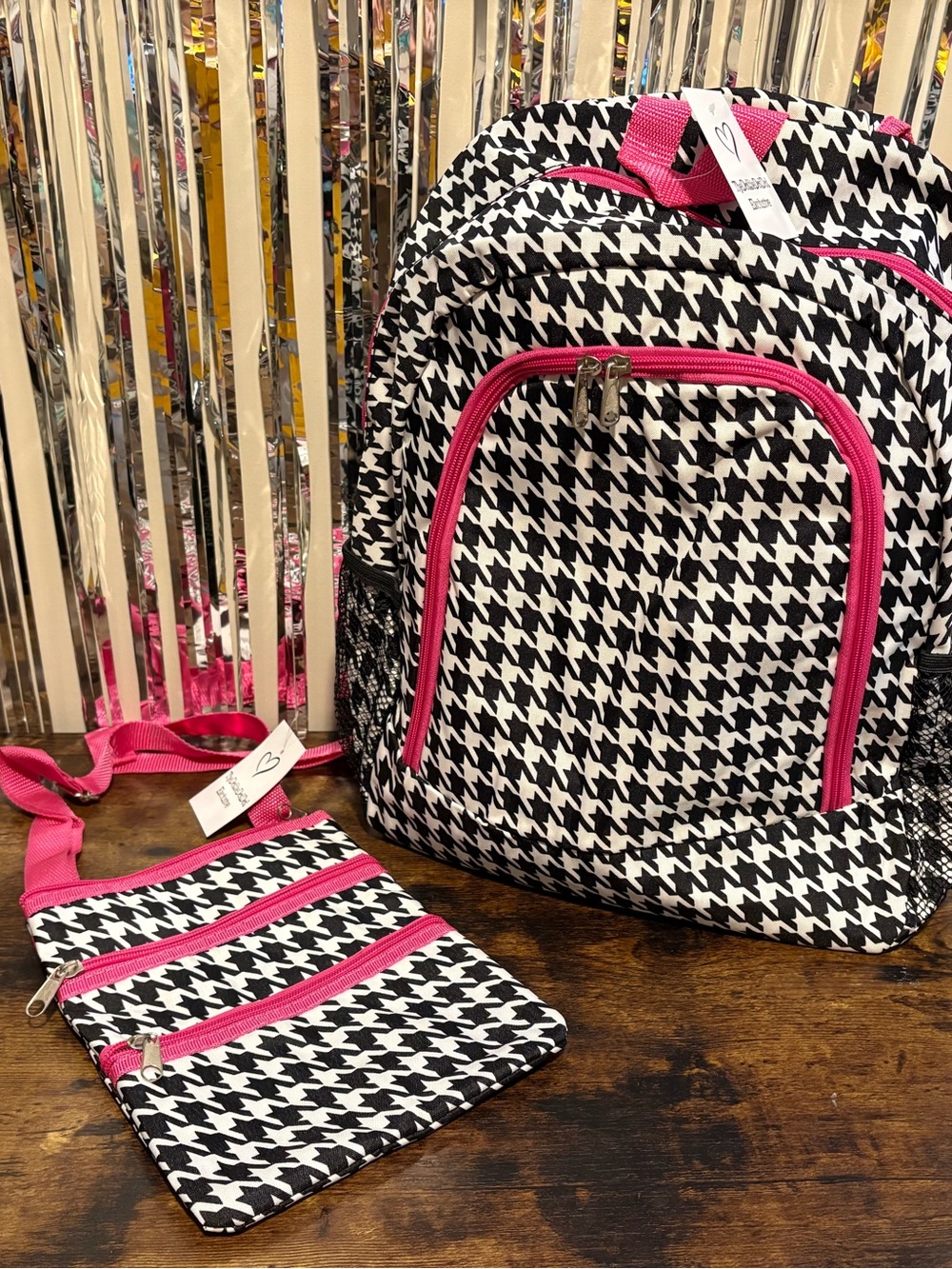 Houndstooth Full-Size Backpack with Matching Crossbody - Black, White & Hot Pink
